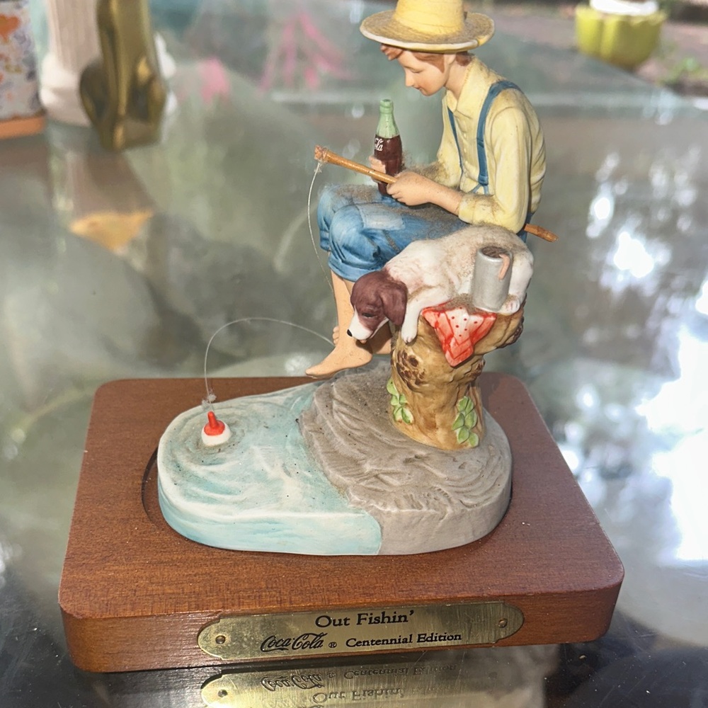 Coca Cola Out Fishin' Figurine with Red and Brown Accents